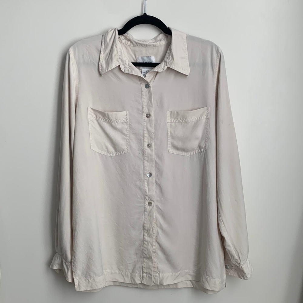 LIZDEN | Button down blouse | 100% Silk | Tan | Size L